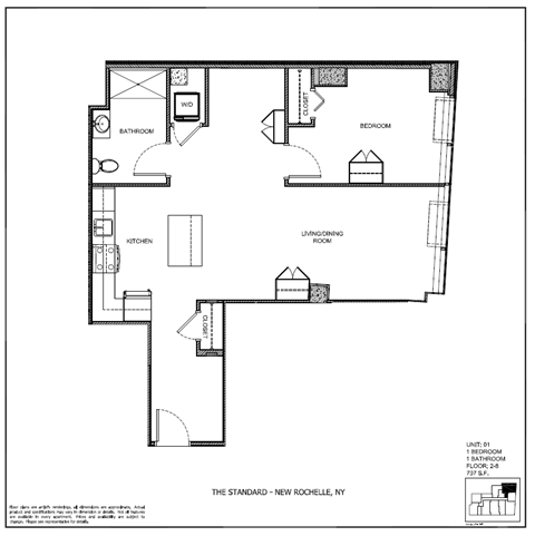 Floor plan for 1 bed, 1 bath, 797 sqft